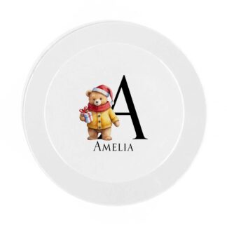 Personalised Kids Christmas Dinnerware Set | Teddy Initial Plate Bowl Cup Mug Cutlery Coaster Placemat | Unbreakable Holiday Gift
