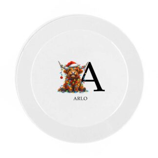 Personalised Kids Christmas Dinnerware Set | Highland Cow Initial Plate Bowl Cup Mug Cutlery Coaster Placemat | Unbreakable Gift