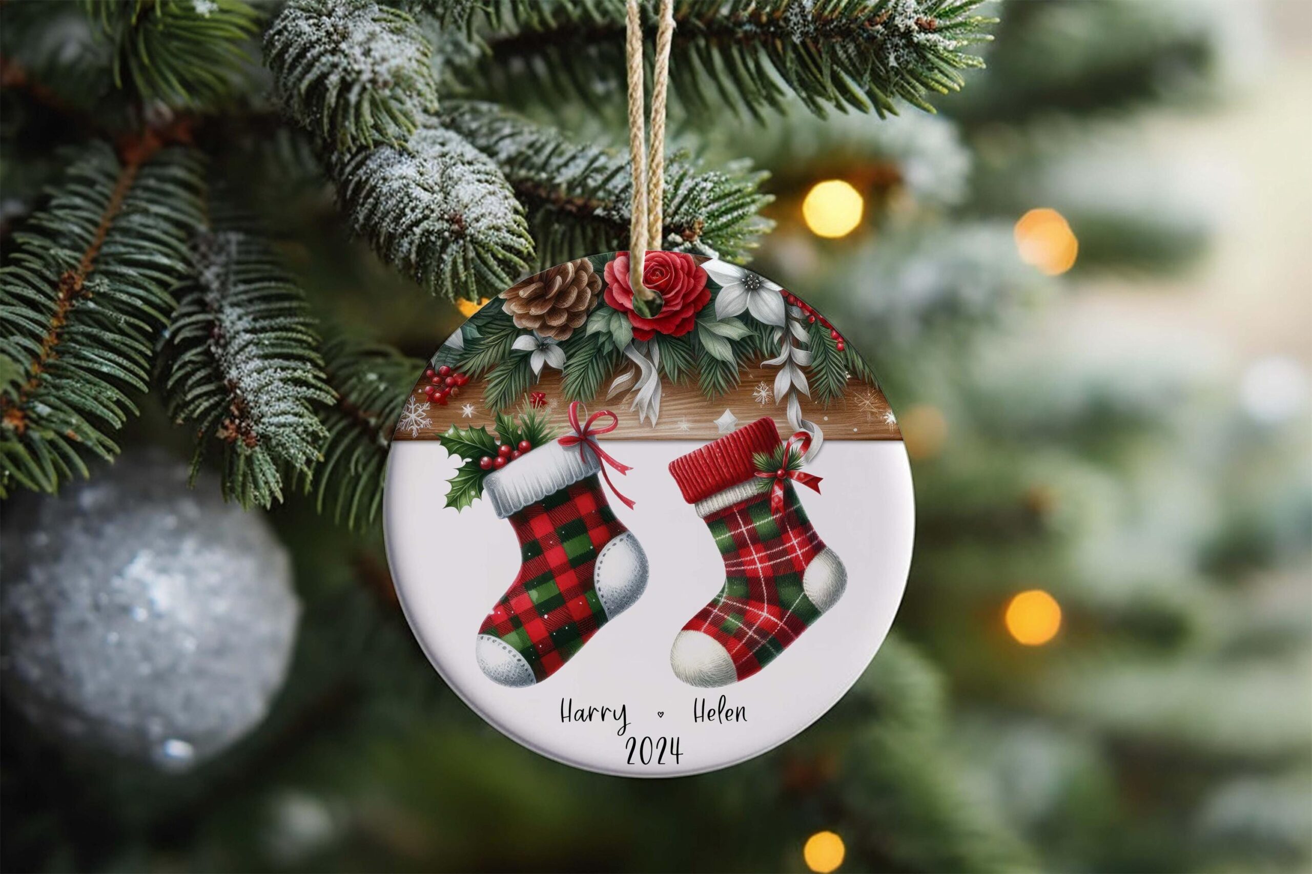 Personalised Family Stockings Ceramic Disc Ornament 2025, Dated Christmas Decoration, Custom Family Name Ornament, Holiday Keepsake Gift