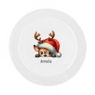 PERSONALISED Children's reindeer peeking CHRISTMAS unbreakable Plate, bowl, cup, mug, cutlery, coaster, placemat, Initial, named boy or girl