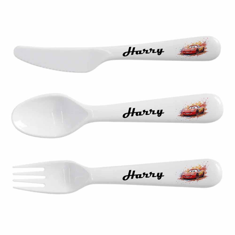 Personalised Kids Cars Dinnerware Set – Plate, Bowl, Cup & Cutlery | Boys or Girls Gift | Durable | red car | Polymer - Image 3