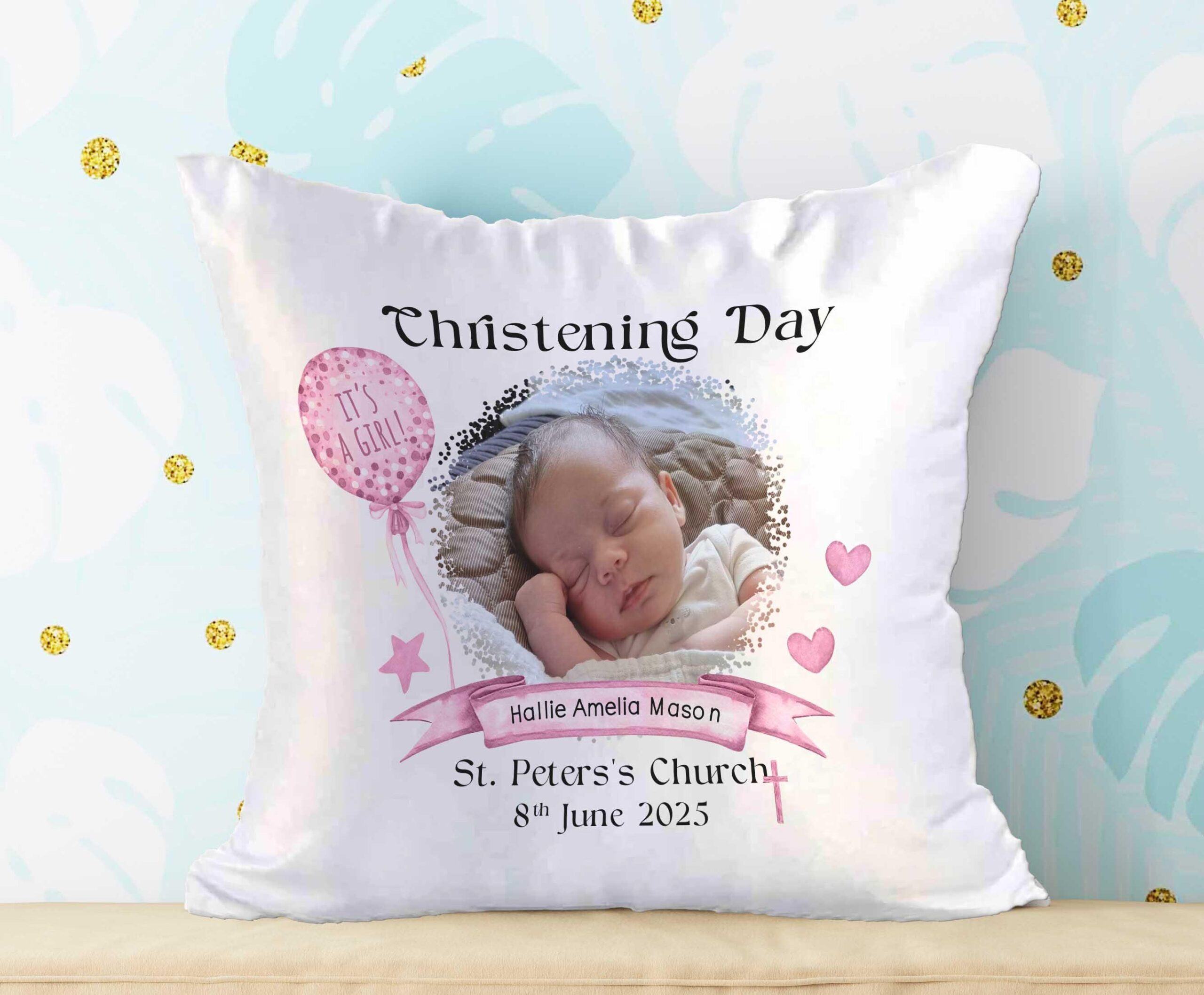 Personalised Birth Announcement Cushion – Custom Baby Photo Pillow, Christening or Baptism Gift - Image 2