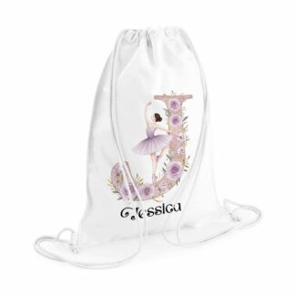 Personalised Ballet Bag with Initial & Flowers – Girls Ballerina Name Drawstring Bag for School, Nursery, Gym, Dance Kit, Ballet Shoes