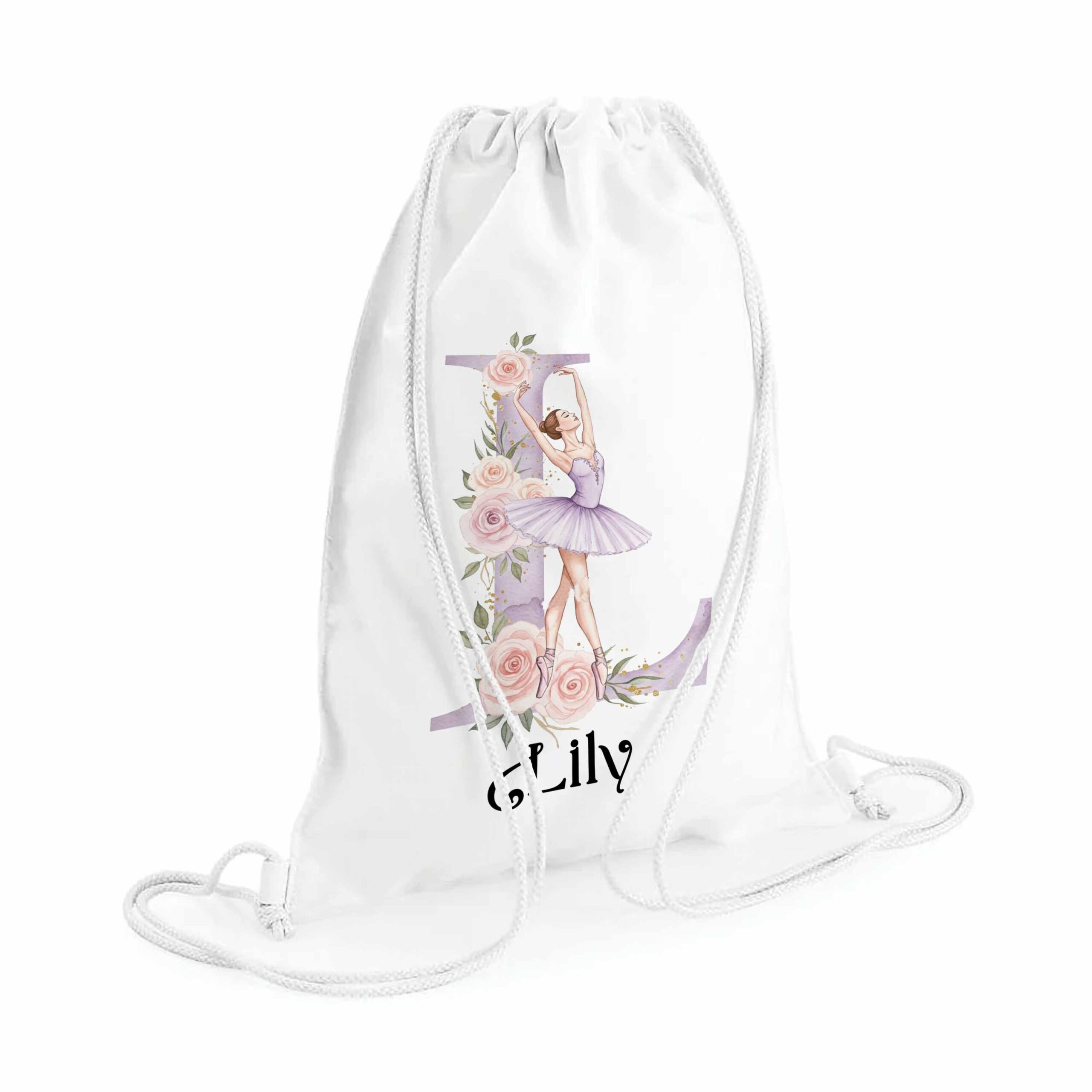 Personalised Ballet Bag with Initial & Flowers – Girls Ballerina Name Drawstring Bag for School, Nursery, Gym, Dance Kit, Ballet Shoes - Image 2