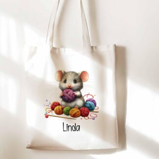 Personalised Crochet Tote Bag – Custom Name Shoulder Bag for Yarn, Knitting, Mouse Knitting Gift – White Craft Tote for Crafters crochet