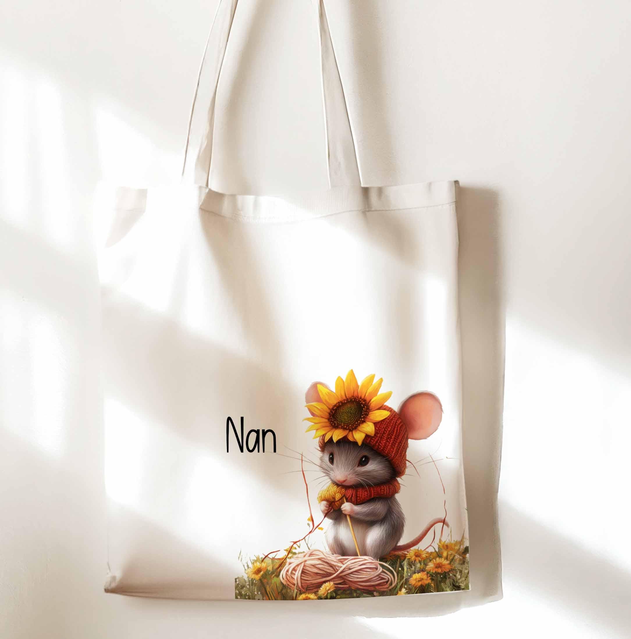Personalised Crochet Tote Bag – Custom Name Shoulder Bag for Yarn, Knitting, Mouse Knitting Gift – White Craft Tote for Crafters crochet - Image 4