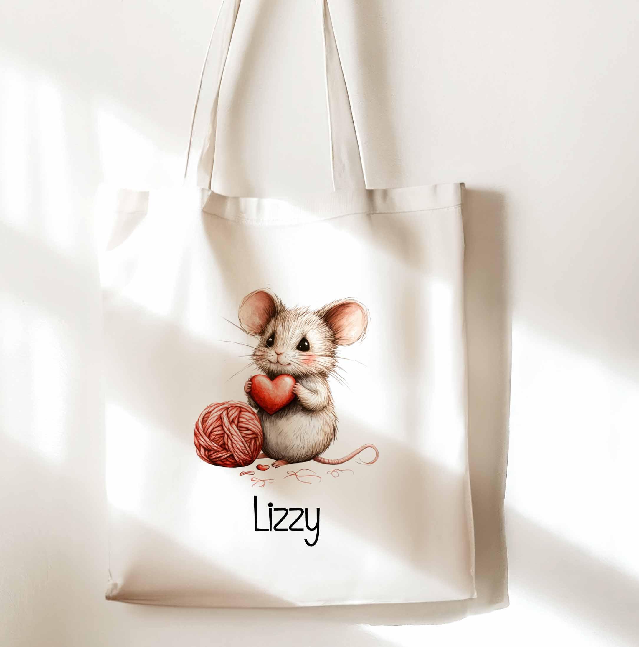 Personalised Crochet Tote Bag – Custom Name Shoulder Bag for Yarn, Knitting, Mouse Knitting Gift – White Craft Tote for Crafters crochet - Image 2