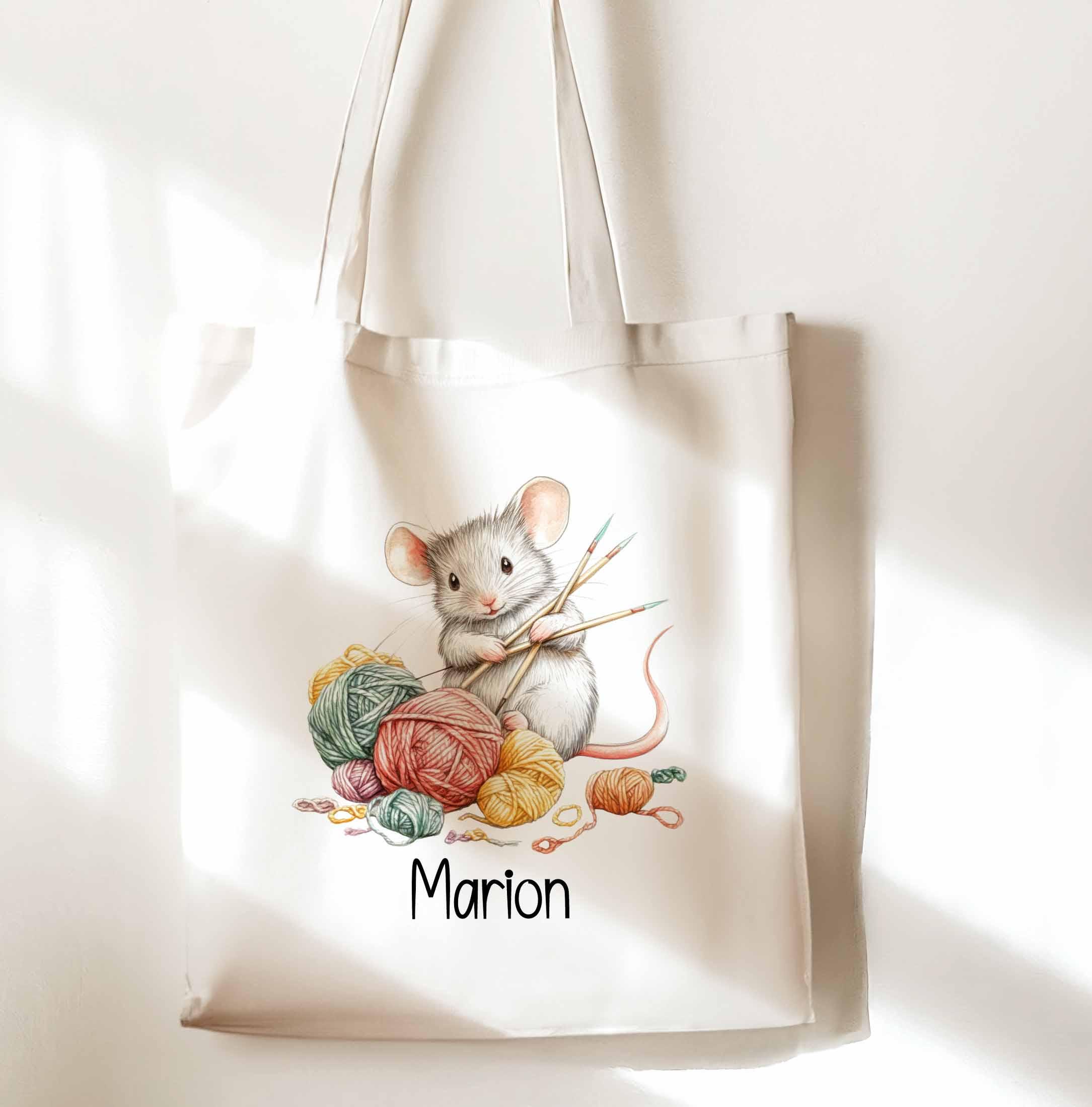 Personalised Crochet Tote Bag – Custom Name Shoulder Bag for Yarn, Knitting, Mouse Knitting Gift – White Craft Tote for Crafters crochet - Image 3
