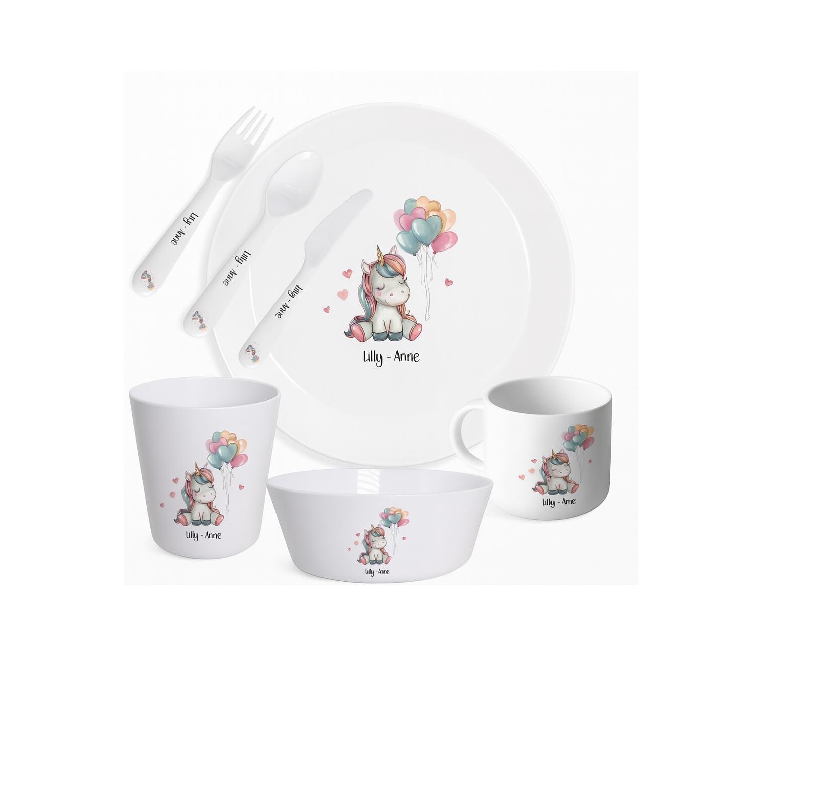 Personalised Unicorn Kids Dinnerware Set | Plate Bowl Cup & Cutlery | Custom Name Girls Toddler Tableware Gift | Magical Fantasy Theme - Image 2
