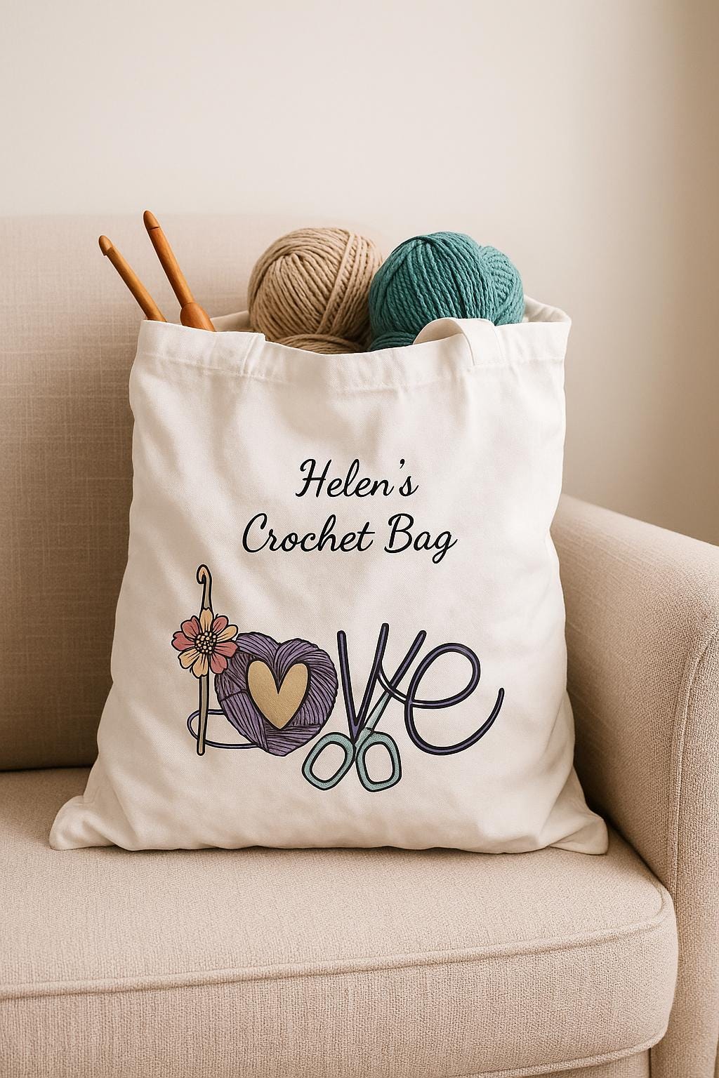 Personalised Crochet Tote Bag – Custom Name Yarn Craft Design Shoulder Bag with Floral and Love Motif