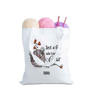 Personalised Crochet Tote Bag – White Soft Shoulder Bag for Crochet Addict, Yarn & Knitting Shopping Bag, Custom Gift for Crafters