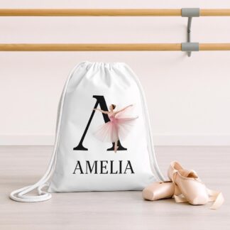 Personalised Ballet Bag with Initial & Name – Girls Ballerina Drawstring Bag for School, Nursery, Gym, Dance Kit, Ballet Shoes (31 x 50 cm)