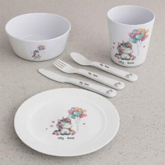 Personalised Unicorn Kids Dinnerware Set | Plate Bowl Cup & Cutlery | Custom Name Girls Toddler Tableware Gift | Magical Fantasy Theme