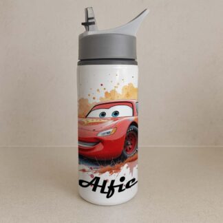 Personalised Cars Water Bottle – Custom Kid School Bottle – Reusable Metal Drinks Bottle – Black Lid 500ml, Blue Lid 600ml or Grey Lid 650ml