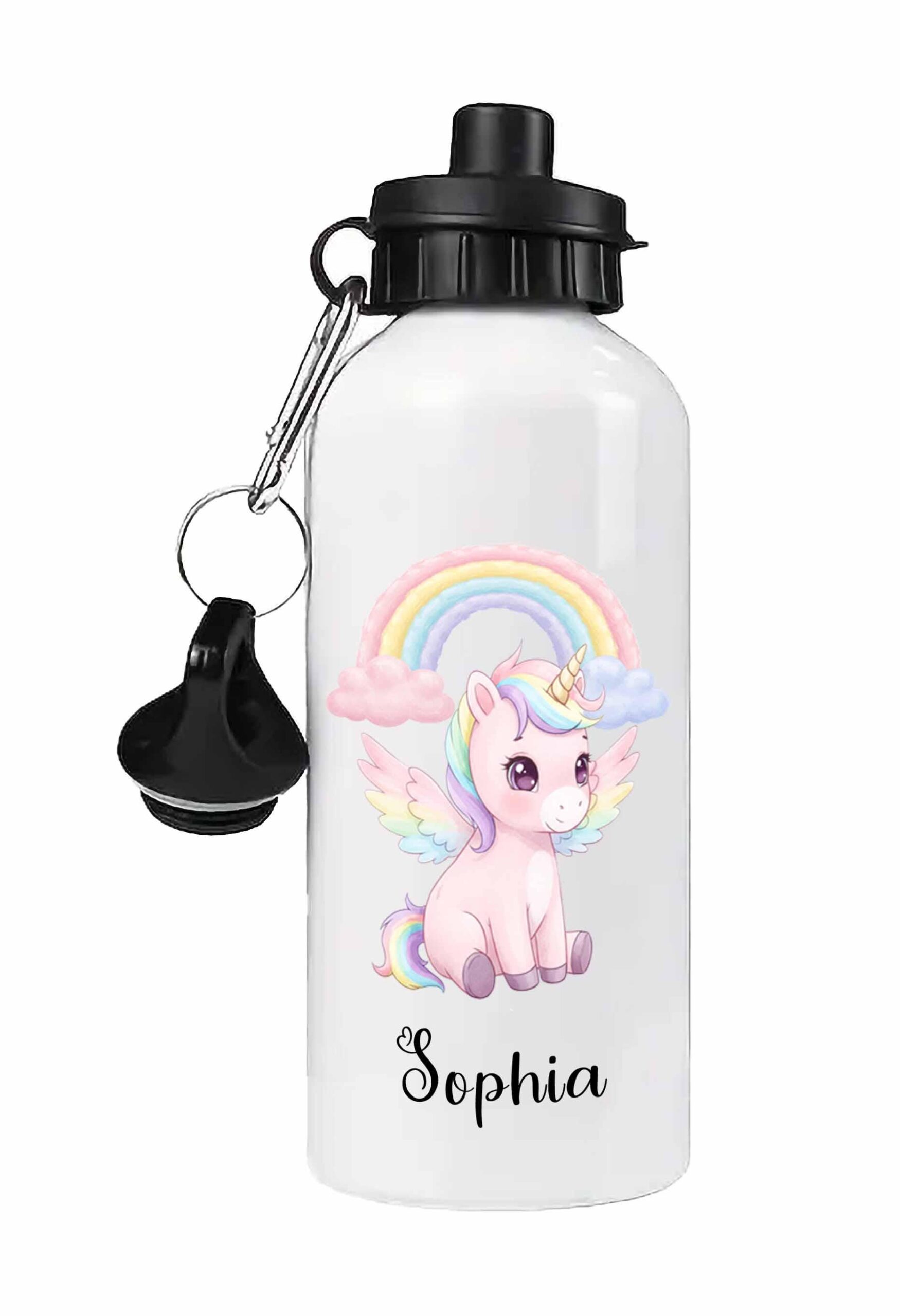 Personalised Kids Water Bottle – Unicorn Fantasy Girls Metal Bottle – 500ml Black Lid, 600ml red Lid, 650ml Grey Straw Lid aluminium bottle - Image 2