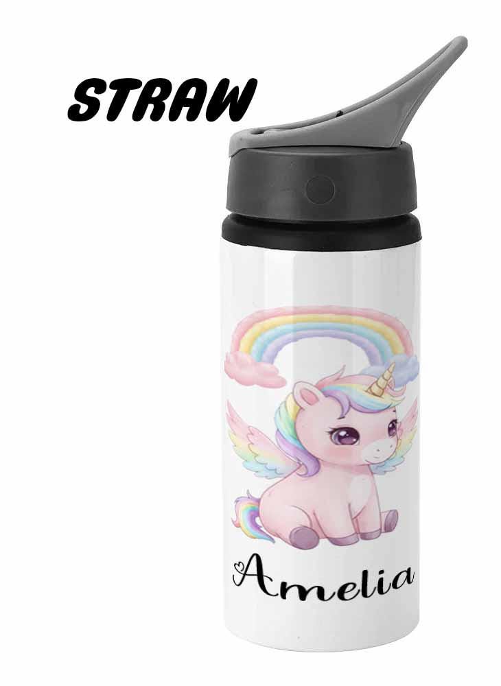 Personalised Kids Water Bottle – Unicorn Fantasy Girls Metal Bottle – 500ml Black Lid, 600ml red Lid, 650ml Grey Straw Lid aluminium bottle - Image 3