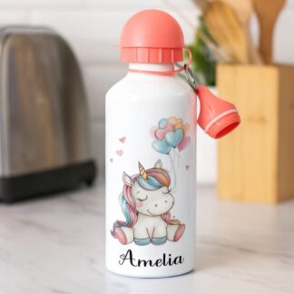 Personalised Kids Water Bottle – Unicorn Fantasy Girls Metal Bottle – 500ml Black Lid, 600ml red Lid, 650ml Grey Straw Lid aluminium bottle