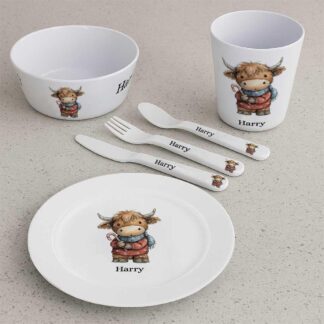 Personalised Christmas Dinnerware Set | Highland Cow Design | Kids Unbreakable Plate, Bowl, Mug, Cup, Cutlery, Placemat & Coaster