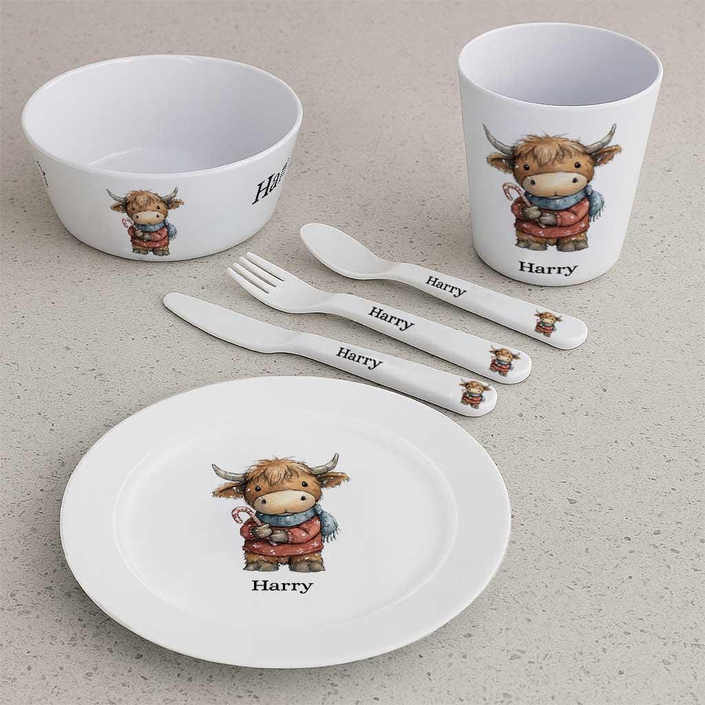 Personalised Highland Cow Christmas Dinnerware Set – Whimsical Kids Plate, Bowl, Mug, Cup, Cutlery, Placemat & Coaster – Unbreakable