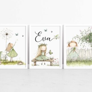 Set of 3 Personalised Green Garden Wall Art Prints – Whimsical Nursery Decor A4 – Custom Name Artwork for Girl’s Bedroom – Kids Room Prints