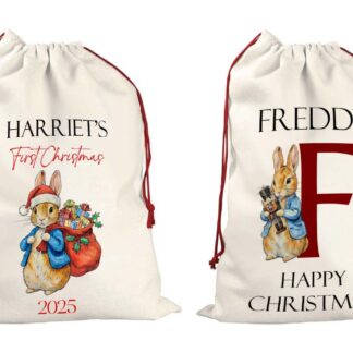 Personalised Christmas Sack – Santa Sack, Cute Bear or Peter Rabbit Design, Custom Baby Gift, XL Christmas Sack for Girl or Boy