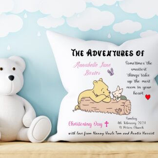 Personalised Satin Cushion & Cover 40cm – Custom Christening Cushion, Baby Baptism Keepsake Gift with Bear Design