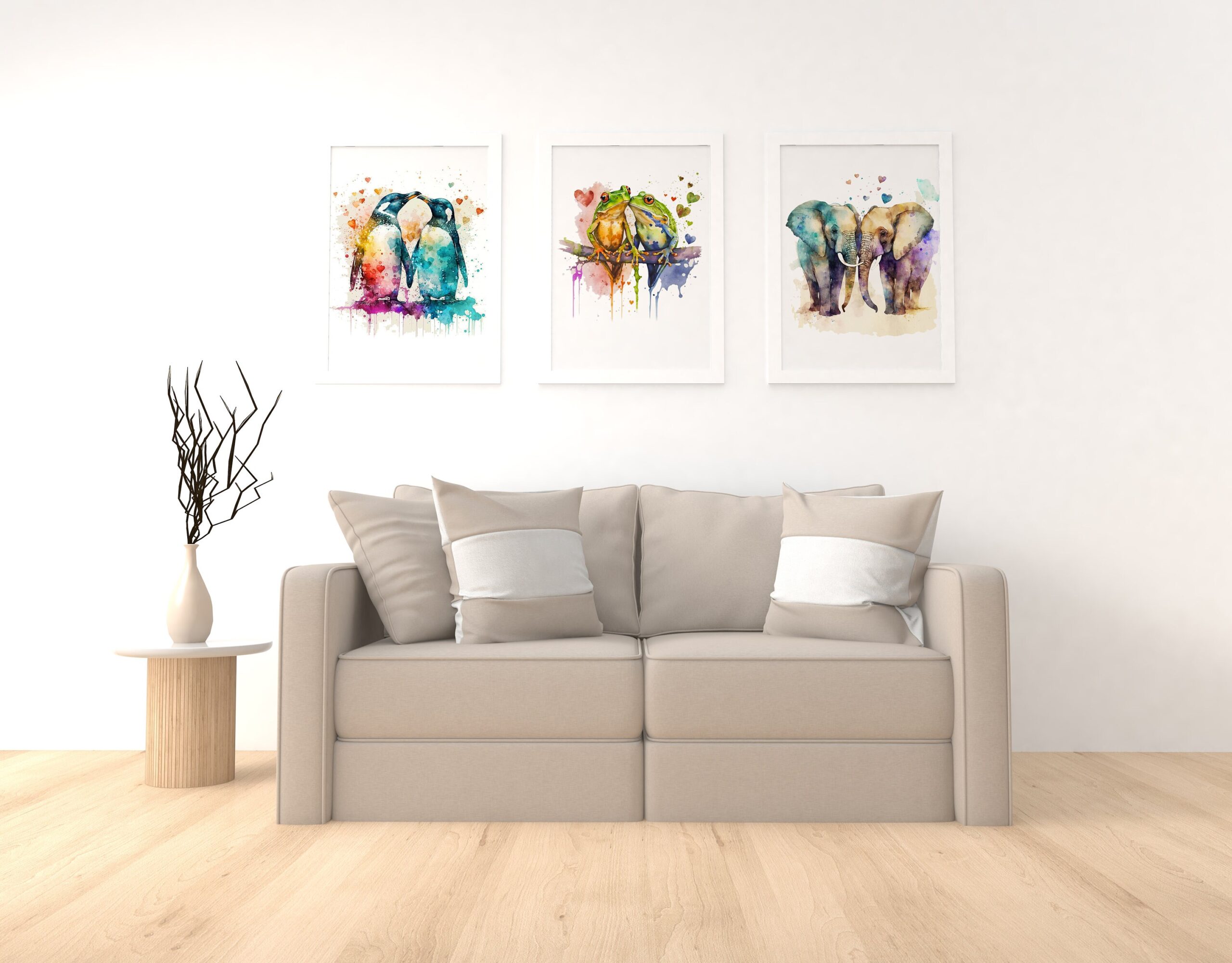 Deluxe Watercolour Animal Wall Art Print – Penguins, Elephants, Turtles, Pandas, Owls & Giraffes – Animals in Love Nursery Decor