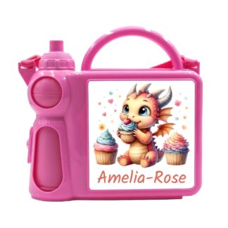 Personalised Kid's Lunch box and Bottle Set blue pink, dragons
