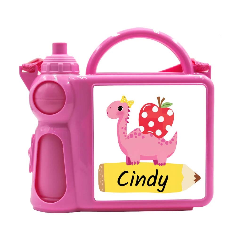 Personalised Kids Lunch Box & Bottle Set – Dinosaur Design, Blue or Pink, Custom Name School, Preschool & Nursery Set - Image 2