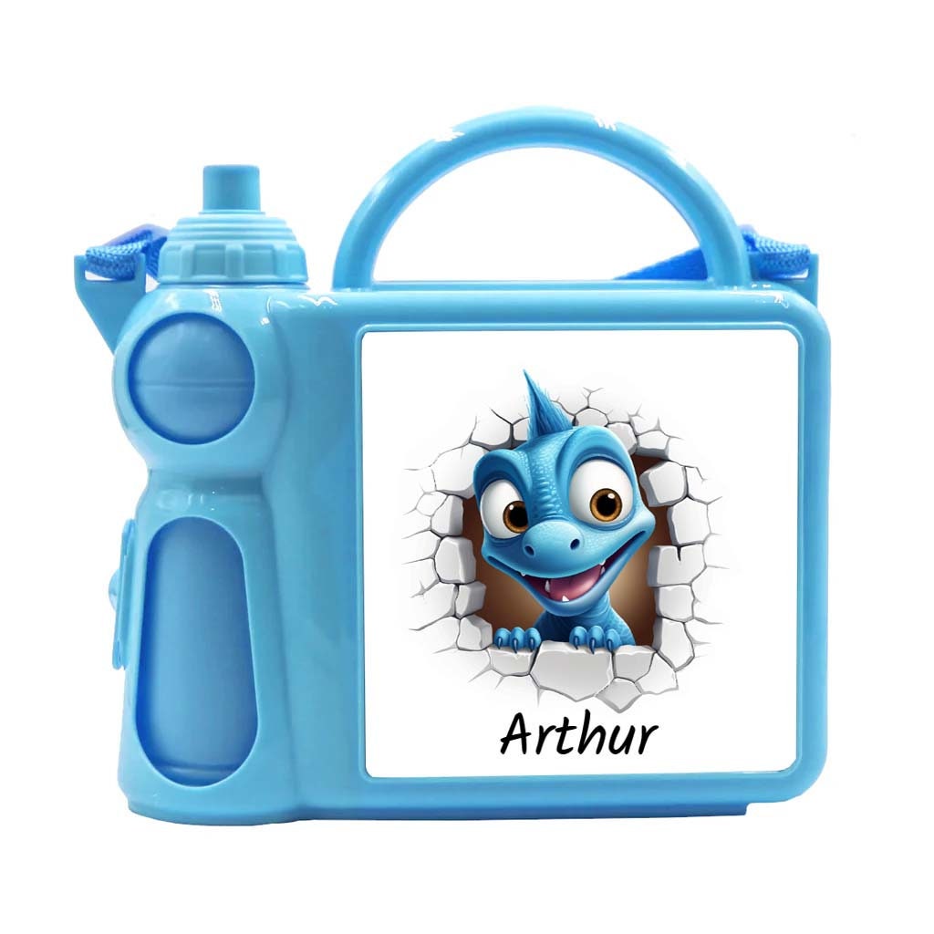 Personalised Kids Lunch Box & Bottle Set – Dinosaur Design, Blue or Pink, Custom Name School, Preschool & Nursery Set