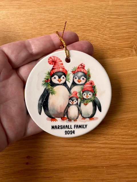 Personalised Family Christmas Ceramic Disc 2026 – Penguin Design – Names Keepsake – First Christmas - Image 2