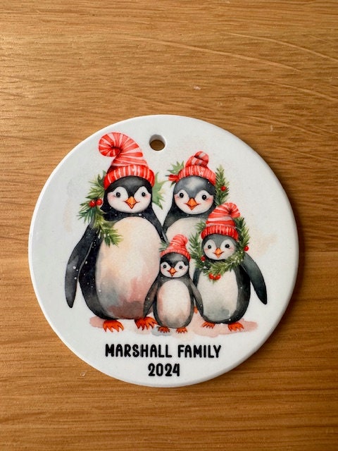 Personalised Family Christmas Ceramic Disc 2026 – Penguin Design – Names Keepsake – First Christmas - Image 5