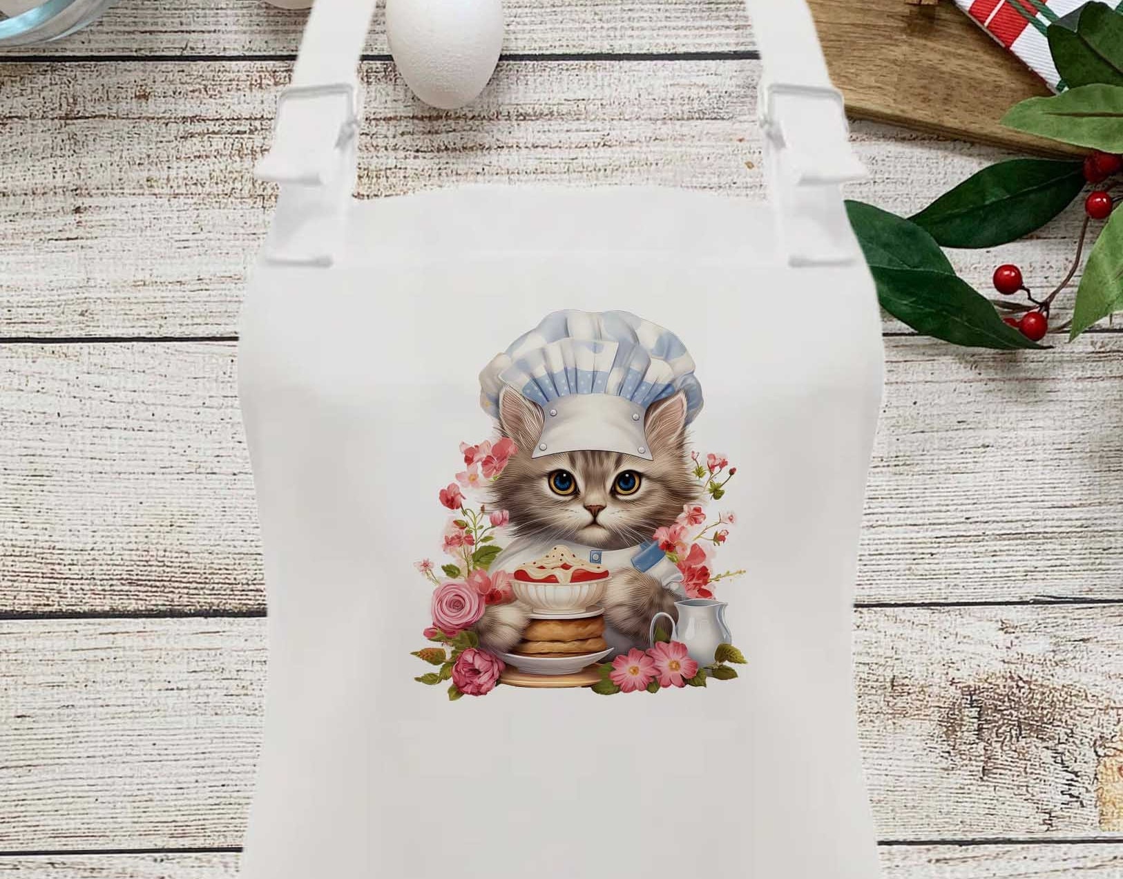 Personalised Childs Cat Apron – Kids Cooking, Baking & Painting Apron (Toddler & Junior Sizes)