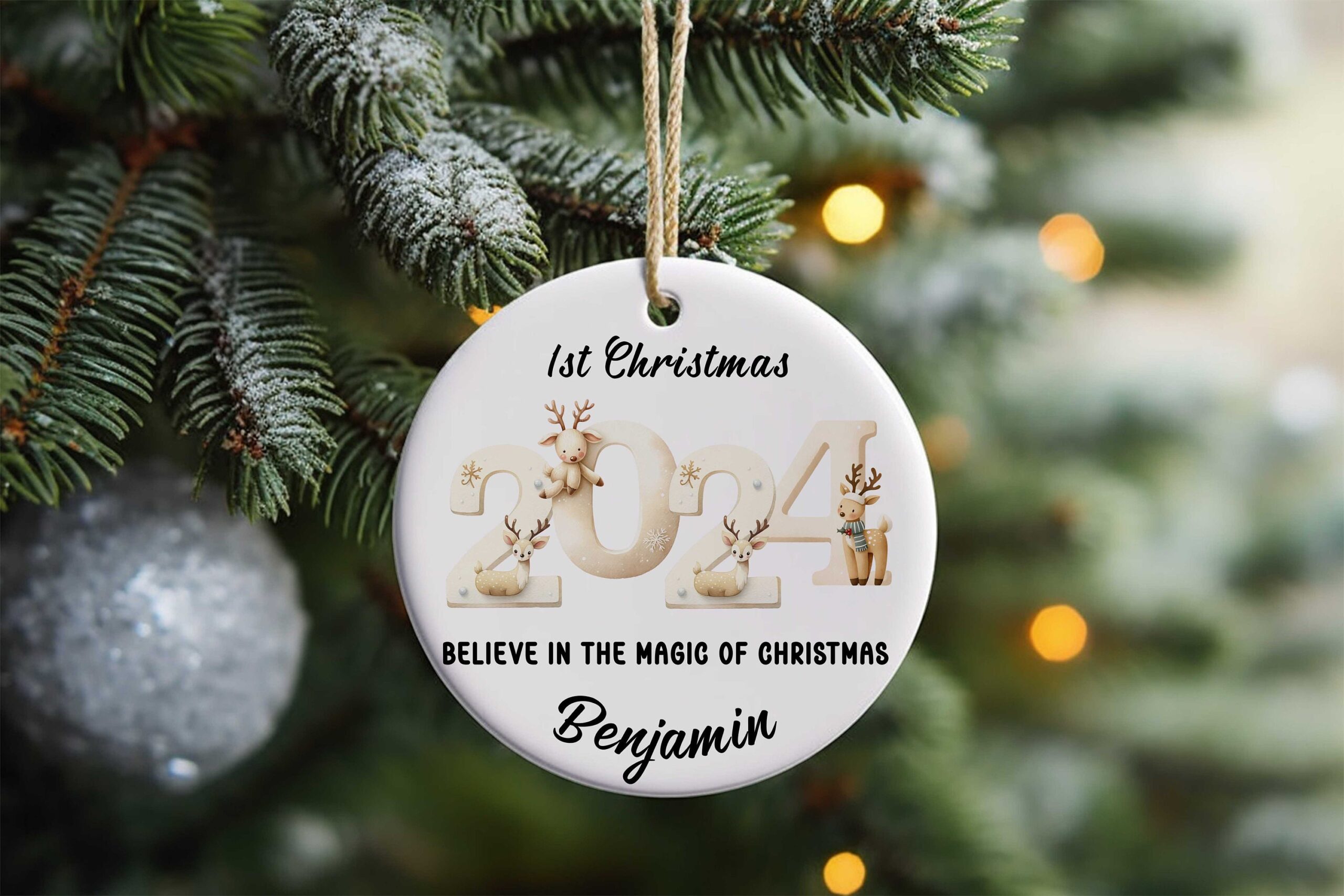 Ceramic Disc Personalised Christmas Initialled for son, daughter, his, her someone special reindeer Double sided dated named 2025
