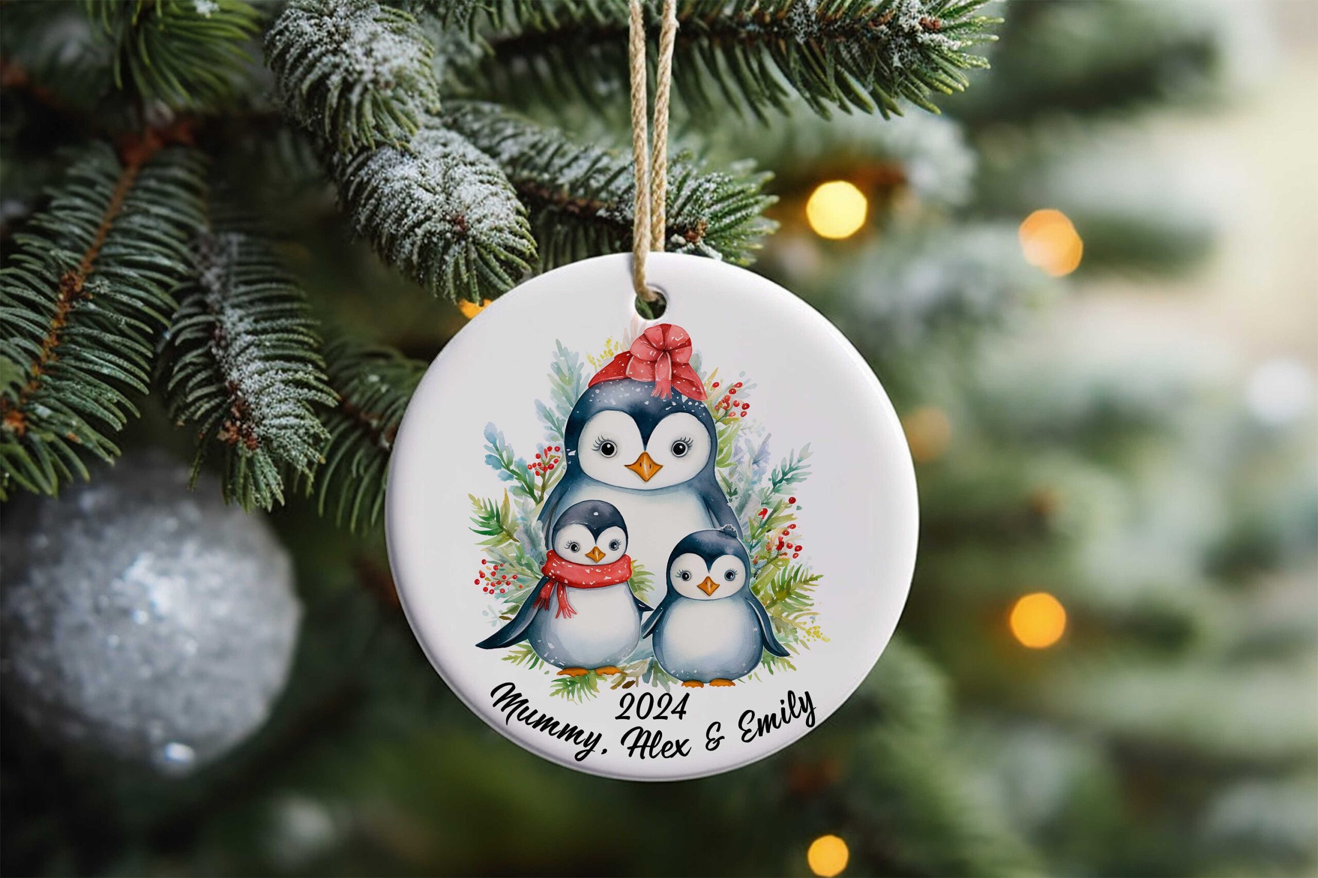 Personalised Family Christmas Ceramic Disc 2026 – Penguin Design – Names Keepsake – First Christmas - Image 3
