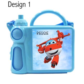 Personalised Airplane Lunch Box & Bottle Set – Custom Name Blue Kids School Lunch Bag | Aeroplanes