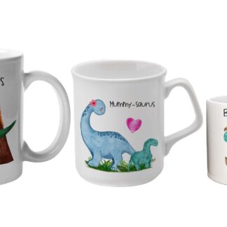 Personalised mummy daddy baby dinosausrs set of 3 mugs, family dinosaurs, daddy-saurus, mummy-saurus, baby-saurus, 11oz 9oz and 6 oz mugs