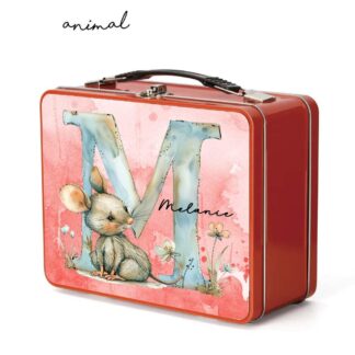 Personalised Metal Tin Lunch Box for Boys or Girls – Red Design with Fairy, Cat, Dog & Initial – Custom School Lunchbox