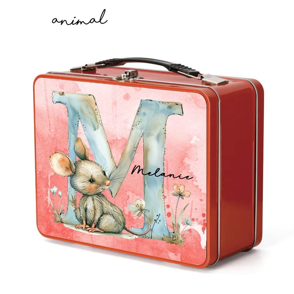 Personalised Kids Metal Lunch Box – Red Fairy Cat Dog Design with Name Initial – Custom School Lunch Tin for Boys & Girls