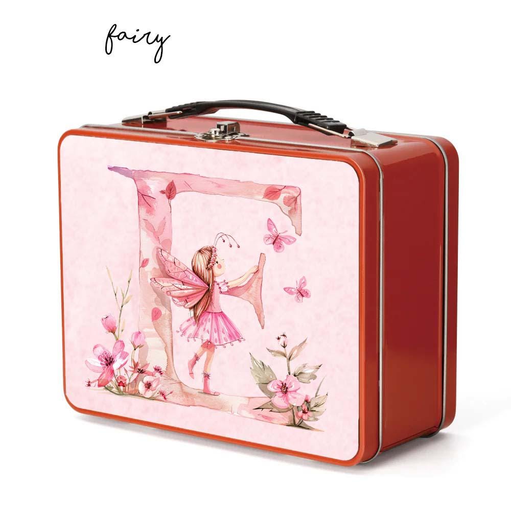 Personalised Kids Metal Lunch Box – Red Fairy Cat Dog Design with Name Initial – Custom School Lunch Tin for Boys & Girls - Image 7