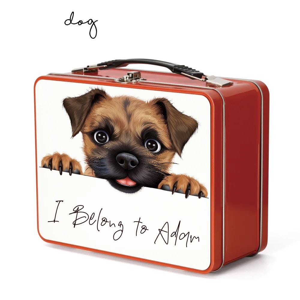 Personalised Kids Metal Lunch Box – Red Fairy Cat Dog Design with Name Initial – Custom School Lunch Tin for Boys & Girls - Image 5