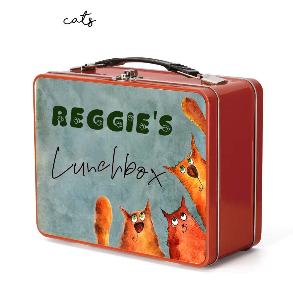 Personalised Kids Metal Lunch Box – Red Fairy Cat Dog Design with Name Initial – Custom School Lunch Tin for Boys & Girls - Image 9