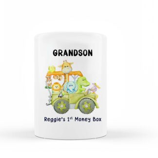 Personalized Ceramic Money Box: Safari Animal Theme, Christening Gift