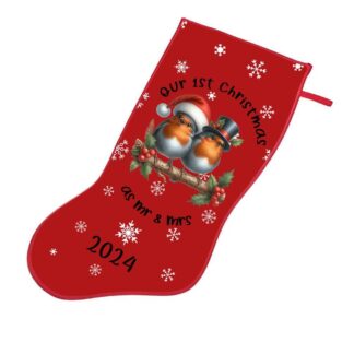 Personalised Children's Christmas Stocking, penguin, mr and mrs,  first Christmas, 1st, brother sister, date 2024