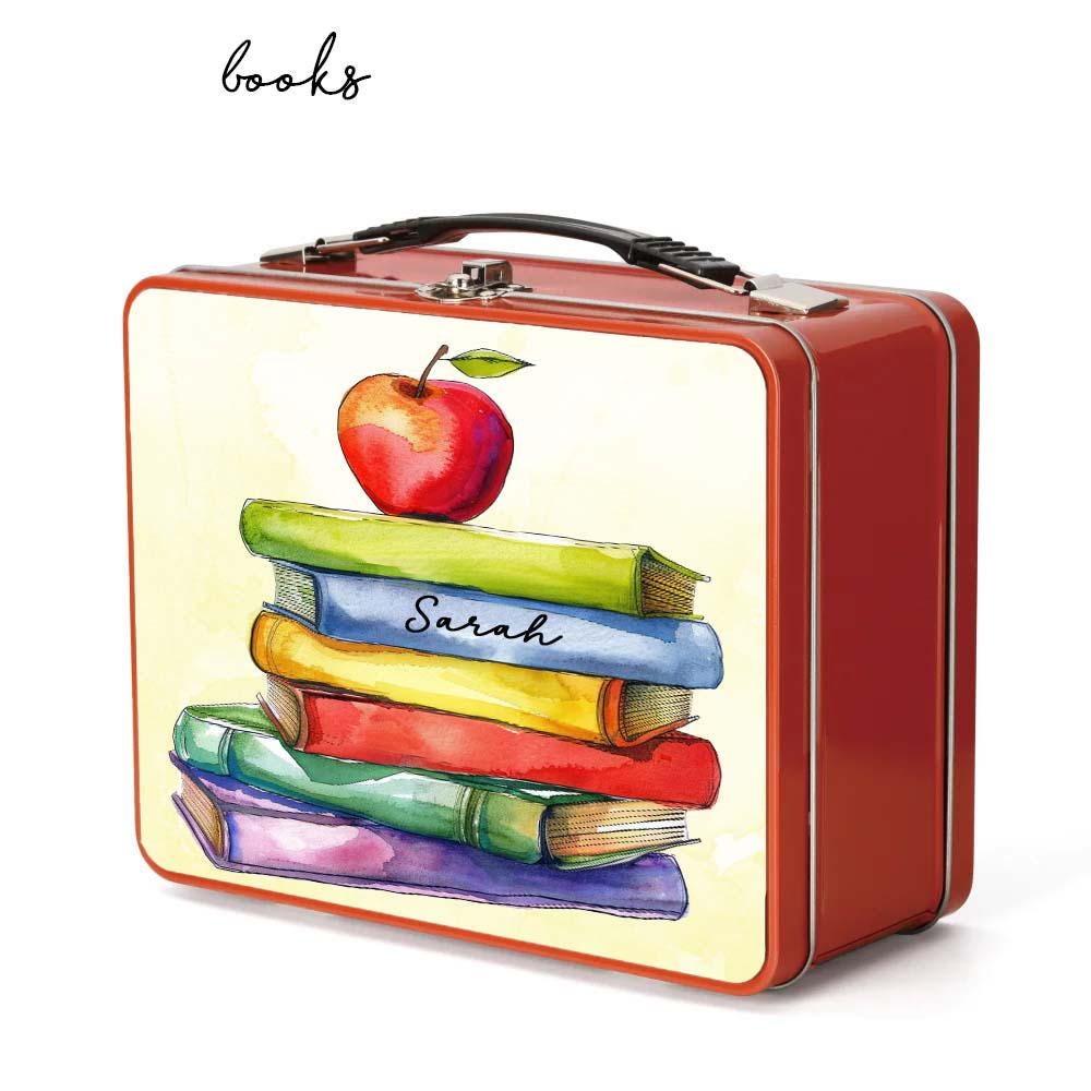 Personalised Kids Metal Lunch Box – Red Fairy Cat Dog Design with Name Initial – Custom School Lunch Tin for Boys & Girls - Image 2