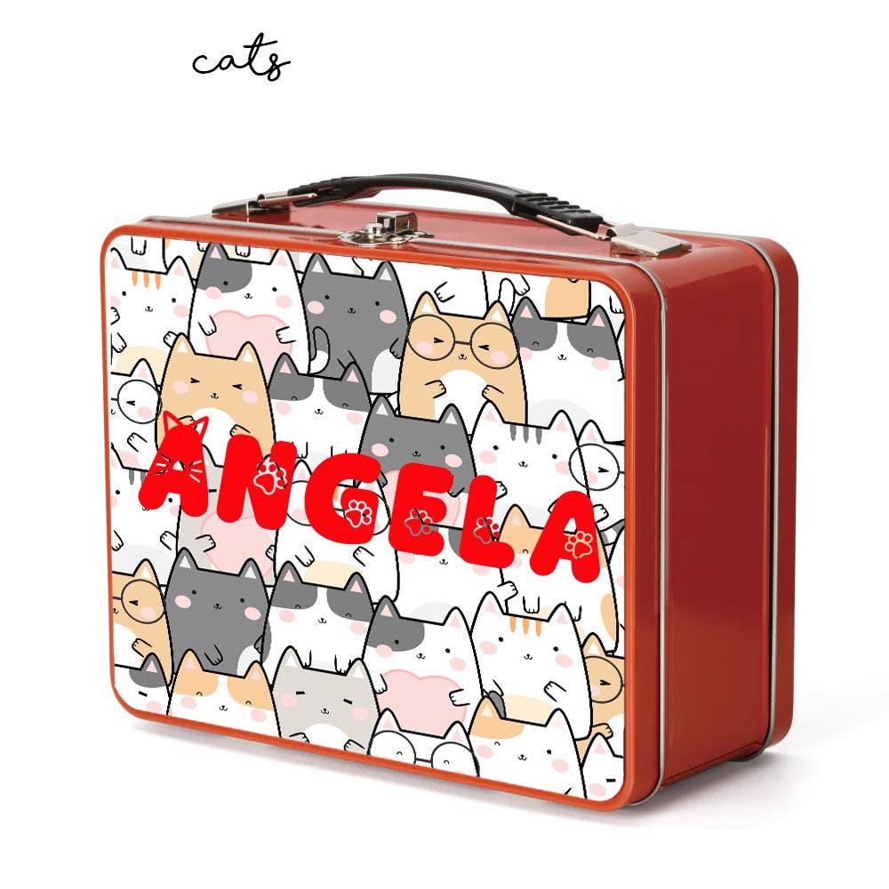 Personalised Kids Metal Lunch Box – Red Fairy Cat Dog Design with Name Initial – Custom School Lunch Tin for Boys & Girls - Image 3