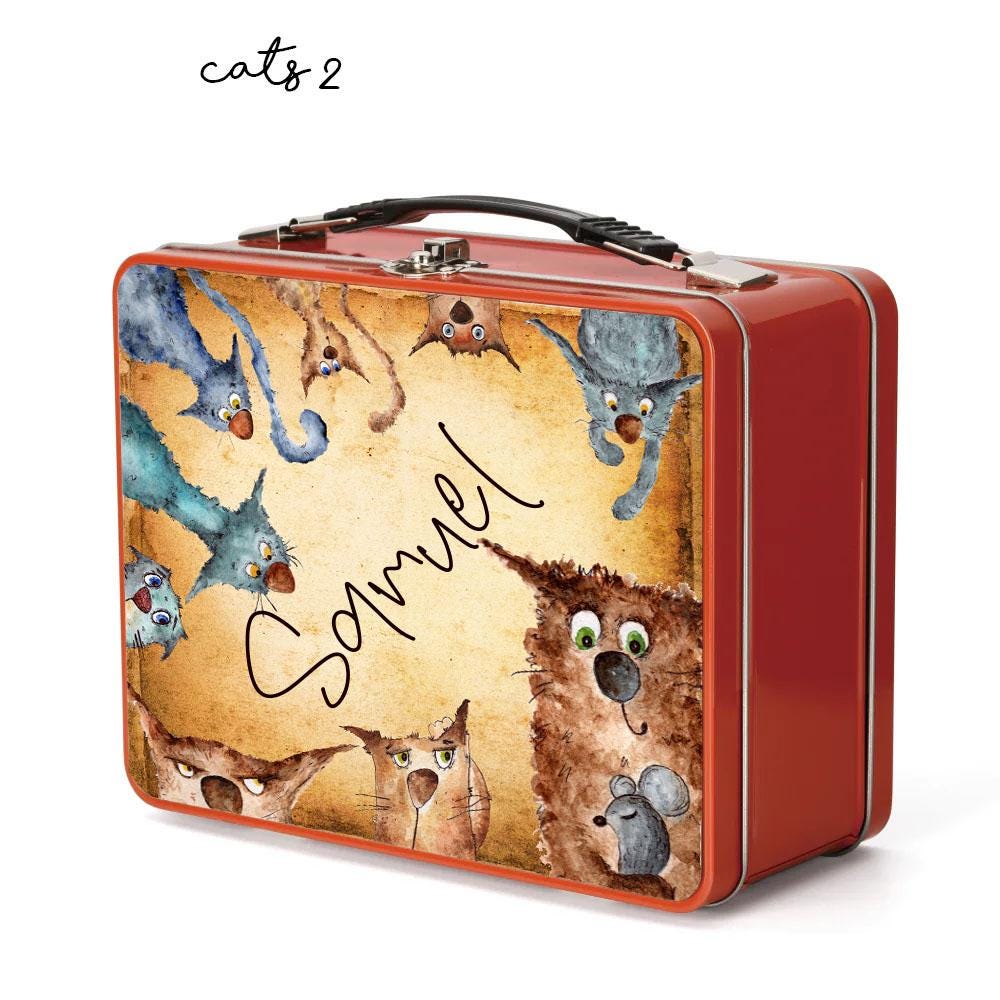 Personalised Kids Metal Lunch Box – Red Fairy Cat Dog Design with Name Initial – Custom School Lunch Tin for Boys & Girls - Image 4