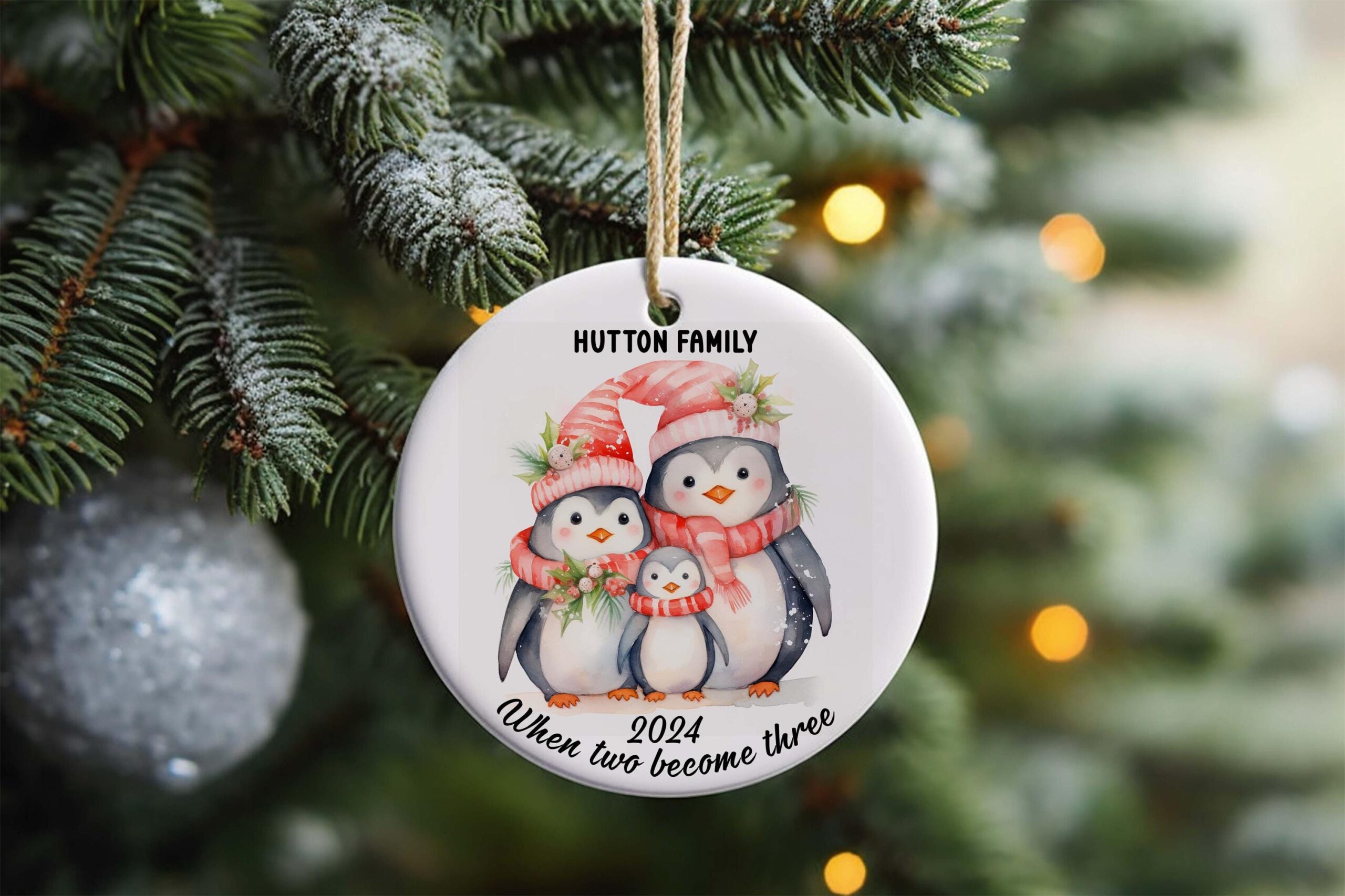 Personalised Family Christmas Ceramic Disc 2026 – Penguin Design – Names Keepsake – First Christmas