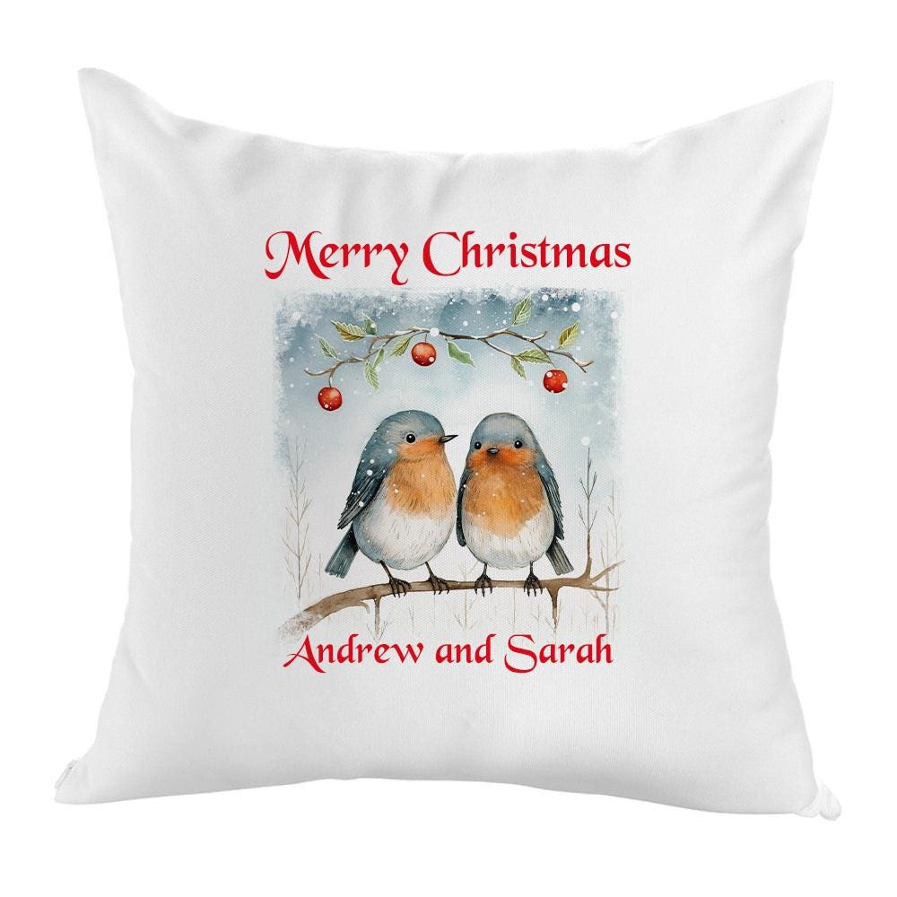 Personalised Christmas Robin Cushion Cover 40cm – Vintage Style, First Christmas as Mr & Mrs, New Home Gift - Image 2