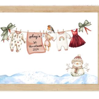 Personalised Baby’s First Christmas Wall Print – Deluxe Washing Line Nursery Art, Kids Bedroom Wall Decor